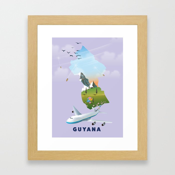 Guyana travel poster Gerahmter Kunstdruck | Graphic-design, Guyana, Karte, Berge, Berg, Flugzeug, Travel-poster, Vacation, Holiday, Bäume