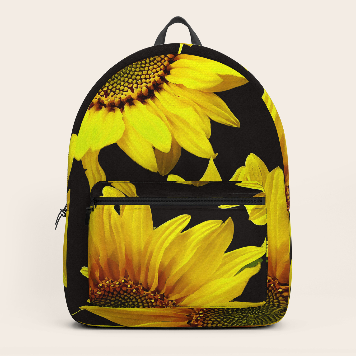black backpack with sunflowers