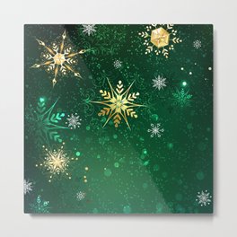 Gold Snowflakes on a Green Background Metal Print