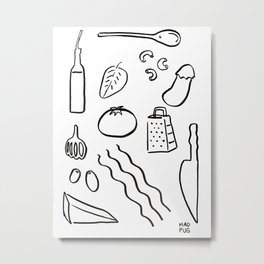 Pasta No.1 Metal Print | Modern, Blackandwhite, Marker, Doodle, Cheese, Homedecor, Kitchendecor, Macaroni, Ink Pen, Spaghetti 