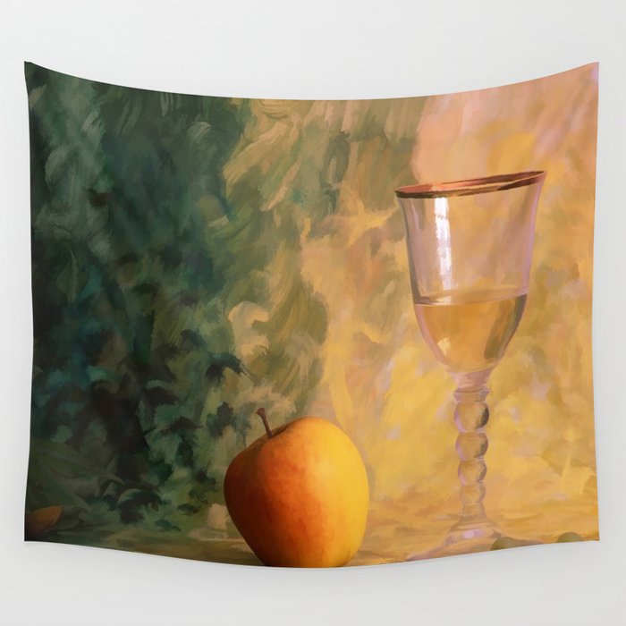 A Glass Of Wine With An Apple On A Colourful Painted Background