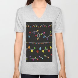 Light Bulbs Collection. Set of Christmas lights for Xmas holiday greeting card design black background V Neck T Shirt