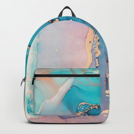 033 Luxury alcohol ink painting, imitation of marble texture with golden veins. Tender pink and blue colors. Backpack