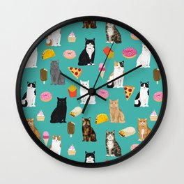 Cat breeds junk foods ice cream pizza tacos donuts purritos feline fans gifts Wall Clock