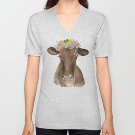 Brown Cow with Floral Wreath Unisex V-Neck
