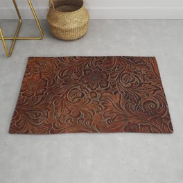 Burnished Rich Brown Tooled Leather Rug