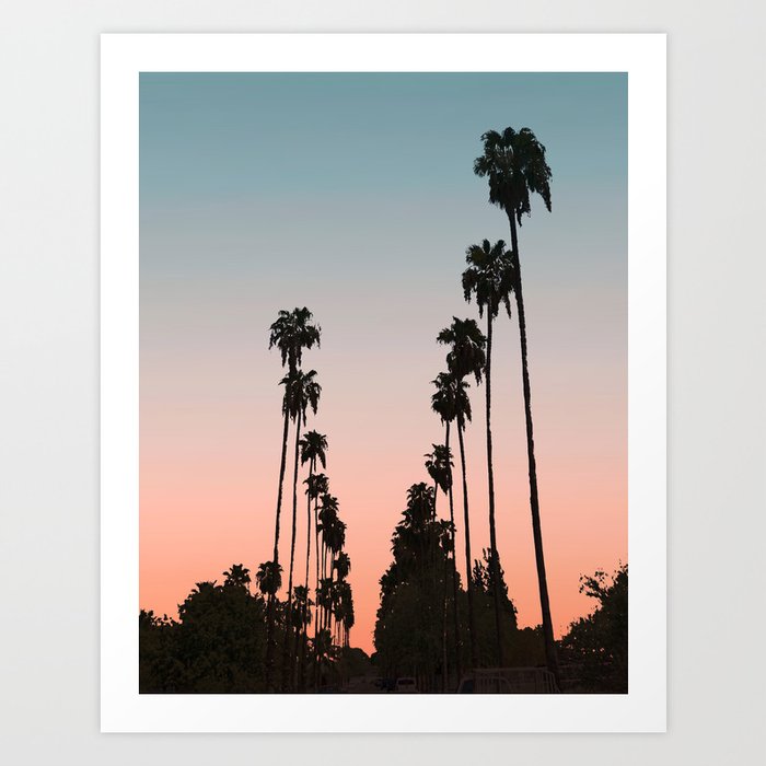 California Sunset Palm Tree Silhouette Street View Orange And Blue Color Sky Beach Photography Art Print By Palmtreeprints Society6