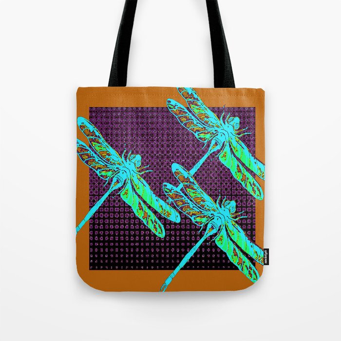 Coffee Brown Purple Patterns Turquoise Blue Dragonflies Art Tote