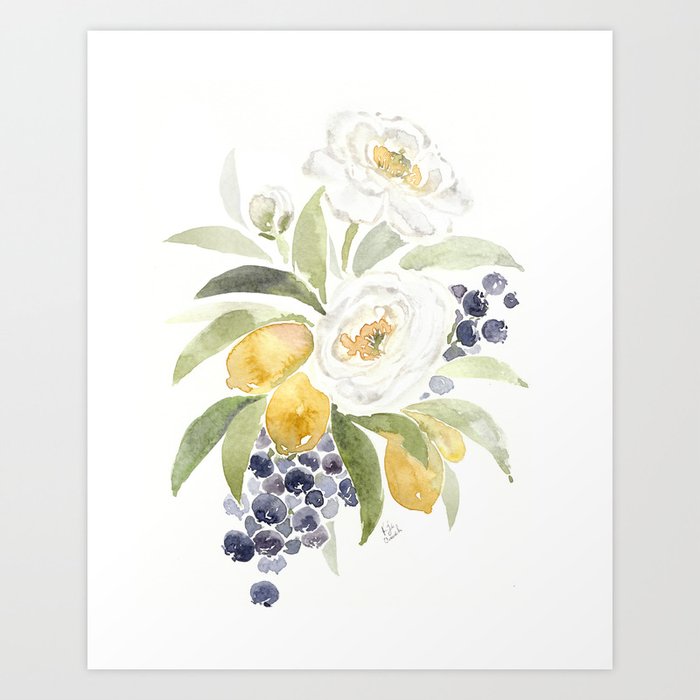 Watercolor Flowers With Blueberries Art Print By Katrinacrouch Society6