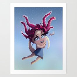 Axolotl Girl in the Sea Art Print