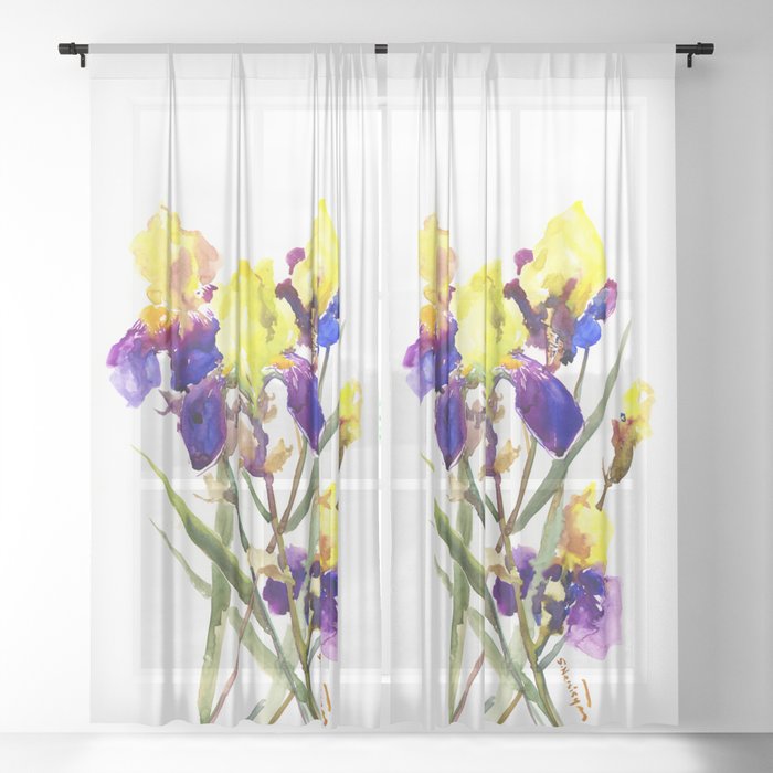 Garden Iris Floral Artwork Yellow Purple Blue Floral Design Bright Colored Floral Design Sheer Curtain By Sureart Society6