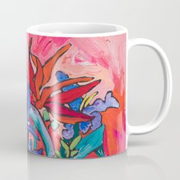 Persephone Painting - Bouquet of Iris and Strelitzia Flowers in Greek Horse Vase Against Coral Pink Coffee Mug