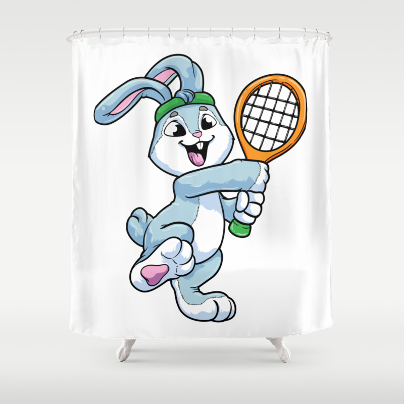 rabbit as tennis player with headband at tennis shower curtain by beautiful designs