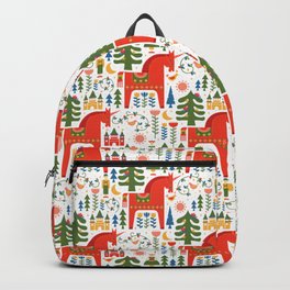 Scandinavian Folkstory - Red + Green Backpack | Unicorn, Flower, Folk Story, Red, Fairytale, Magical, Folkstory, Dala Unicorn, Folk Unicorn, Dala Horse 