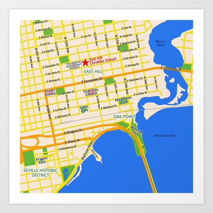 Map of Pensacola FL East Hill Christian School Art Print by efratul