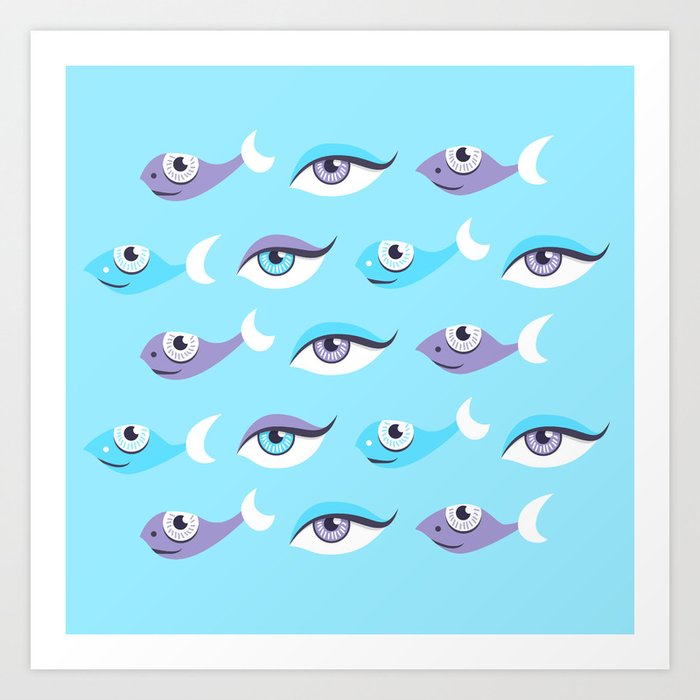 Pattern Of Eyes And Fish In Sea Art Print | Graphic-design, Digital, Pattern, Illustration, Cartoon, Animals, Pop-art, Eye, Eyes, Fish