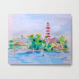 Elbow Reef Lighthouse Hope Town, Abaco, Bahamas Watercolor painting Metal Print | Curated, Elbowreeflighthouse, Watercolor, Abaco, Hopetown, Painting, Illustration, Bahamas 