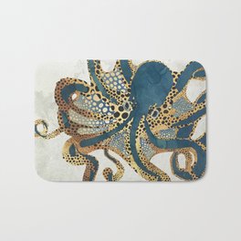 Underwater Dream VI Badematte | Graphicdesign, Contemporary, Animal, Abstract, Ocean, Digital, Gold, Blue, Sea, Octopus 