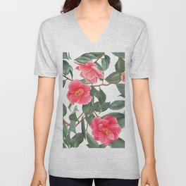 Floral seamless pattern,red camellia flowers with leaves.  V Neck T Shirt