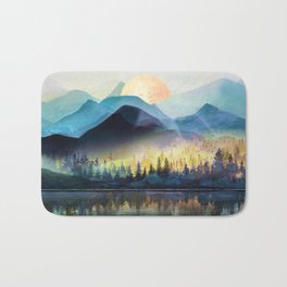 Mountain Lake Under Sunrise Badematte | Painting, Lake, Wildernes, Art, Watercolor, Pine, Morning, Forest, Sunrise, Curated 