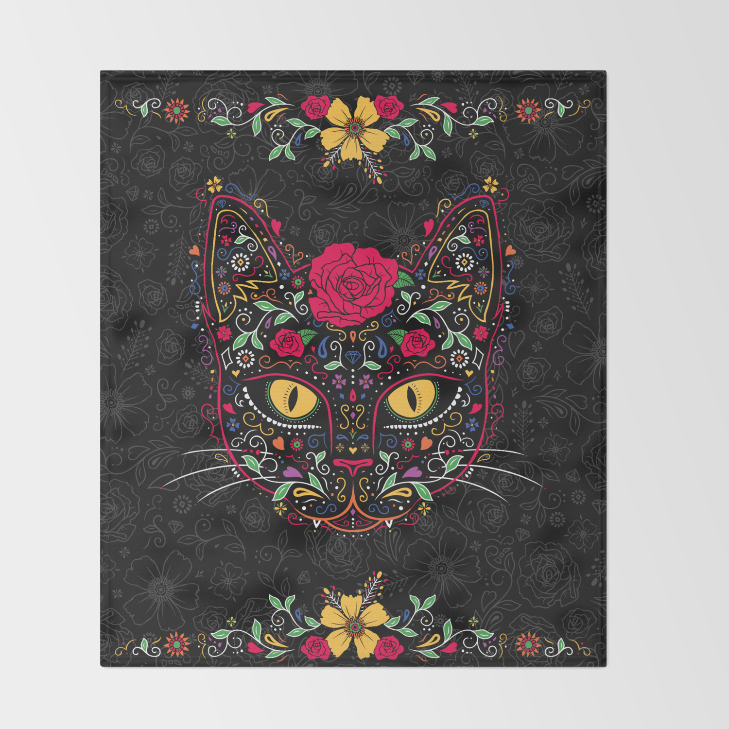 day of the dead kitty cat sugar skull throw blanket by zjunebug