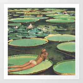LILY POND LANE by Beth Hoeckel Kunstdrucke | Woman, Water, Tan, Vintage, Nude, Lilypad, Swimming, Butt, Collage, Bikini 