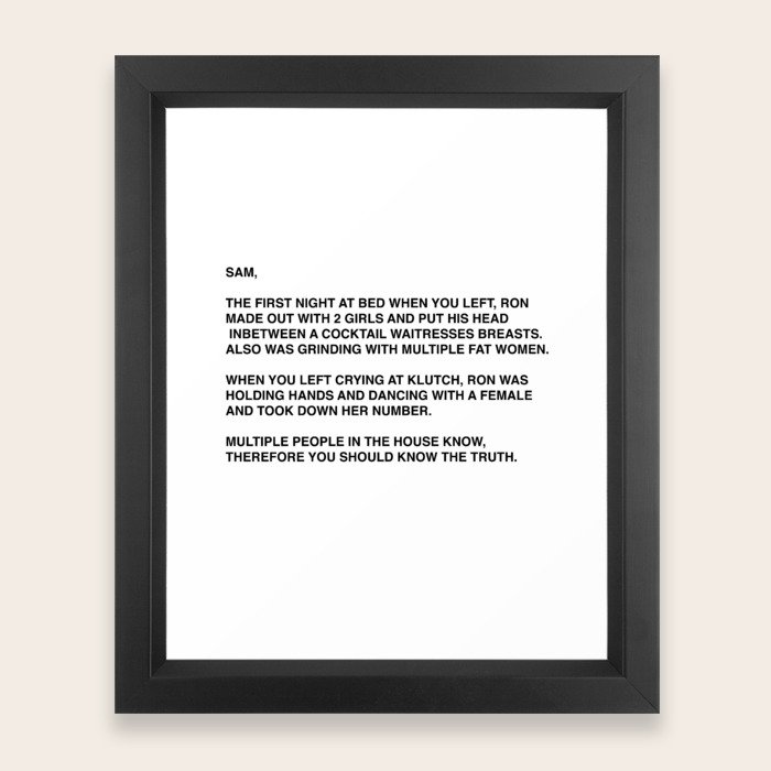 Anonymous Letter To Sammi Sweetheart Jersey Shore Framed Art Print by