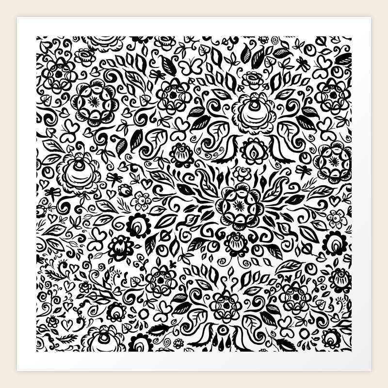 vintage folk art floral ornament black flowers on white background art print by ekaterinap