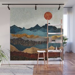 Amber Dusk Wall Mural | Hills, Mountains, Blue, Orange, Gold, Digital, Copper, Nature, Watercolor, Red 