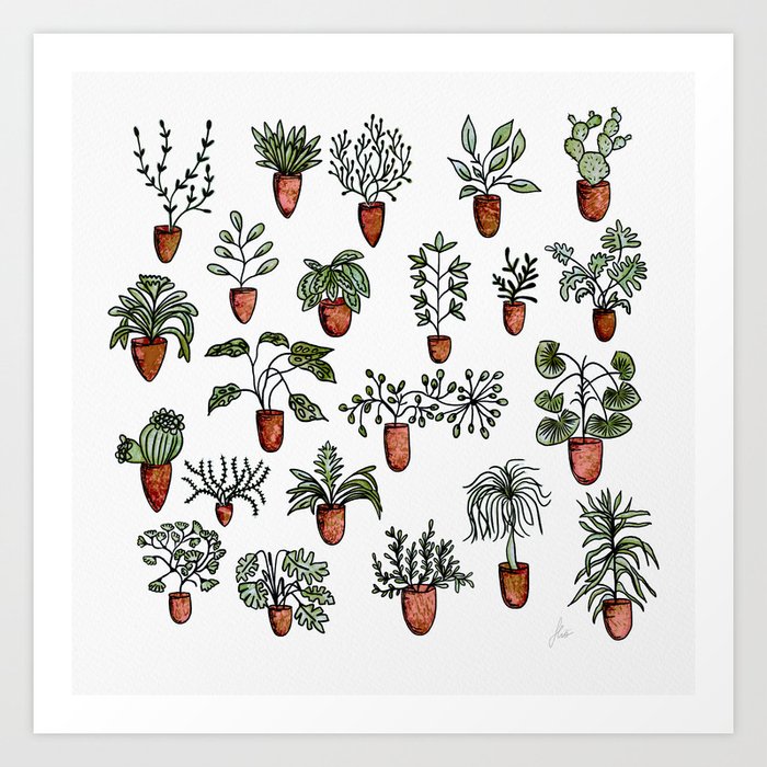 Succulent Houseplants In Terracotta Pots Watercolor Cacti Plant Wall Art Print By Limolida Design Studio Society6 - Plant Wall Art Print