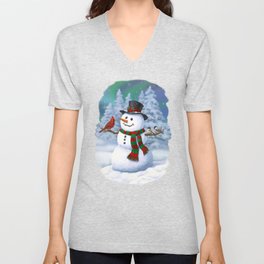 Cute Happy Christmas Snowman with Birds V Neck T Shirt