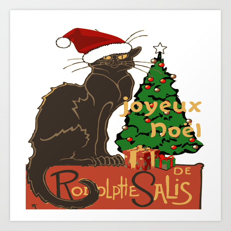 Joyeux Noel Le Chat Noir With Tree And Gifts Art Print By Taiche Society6
