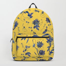 Elegant Blue Passion Flower on Mustard Yellow Backpack