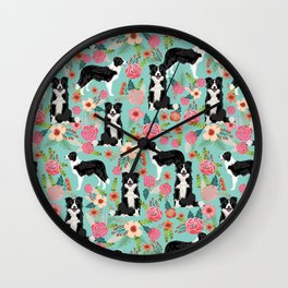 border collie cute florals mint pink black and white dog gifts for dog lover Wall Clock