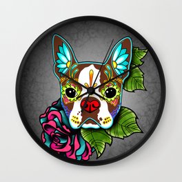 Boston Terrier in Red - Day of the Dead Sugar Skull Dog Wall Clock