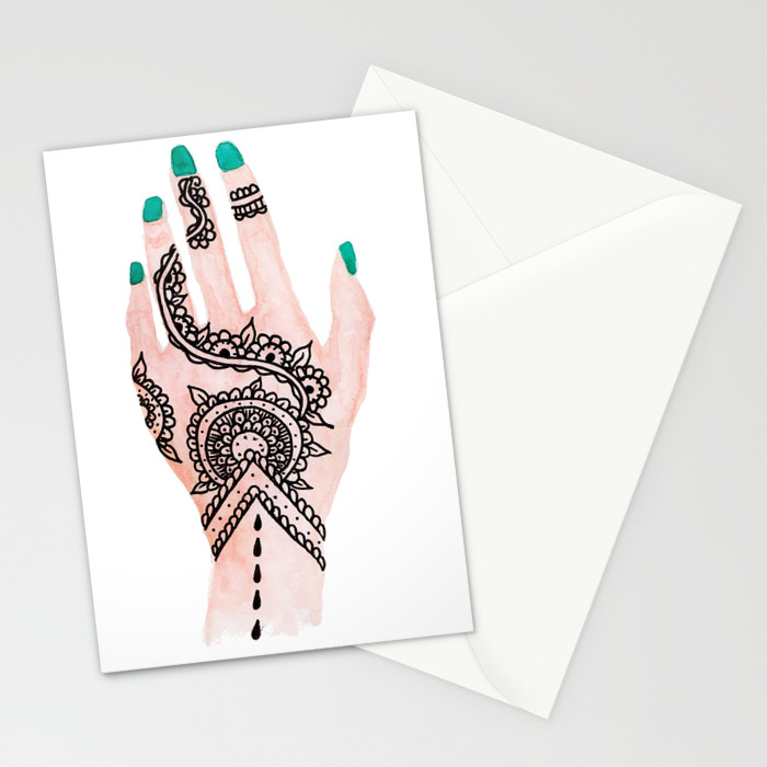 Modern Watercolor Hand Floral Henna Tattoo Turquoise Nails Stationery Cards By Girlytrend Society6