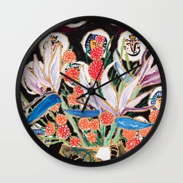 Lions and Tigers Dark Floral Still Life Painting Wall Clock | Tropical, Birdsofparadise, Bloom, Lion, Painting, Vase, Jeweltones, Bouquet, Tiger, Wildcat 