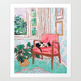 Little Naps - Tuxedo Cat Napping in a Pink Mid-Century Chair by the Window Kunstdrucke