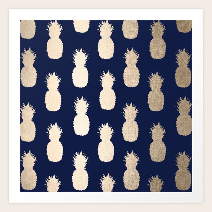 gold pineapple pattern navy blue art print by followmeinstead