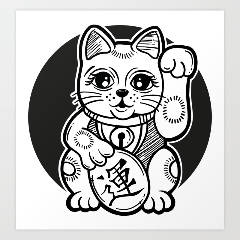 Black And White Hand Illustrated Japanese Maneki Neko Cat Figurine Art Print By Romz Society6
