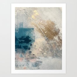 Embrace: a minimal, abstract mixed-media piece in blues and gold with a hint of pink Art Print