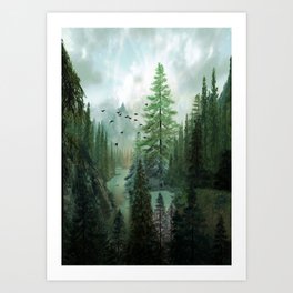 Mountain Morning 2 Kunstdrucke | Landscape, Tree, Forest, Wonderlust, Birds, Curated, Sun, Watercolor, Mountain, Painting 