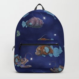 Deep water Anglerfish watercolor print Backpack | Childrenpattern, Nautical, Deepblue, Cartoonfish, Deepwatercreatures, Painting, Seabottom, Fantasyanimal, Strangefish, Digital 