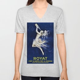 Vintage Royal Blue Royat French Sparkling Aqua Minerale Aperitif Vintage Poster Advertising V Neck T Shirt