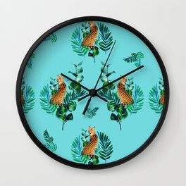 Tropical Leaf Clouded Leopard Pattern Turquoise BG Wall Clock