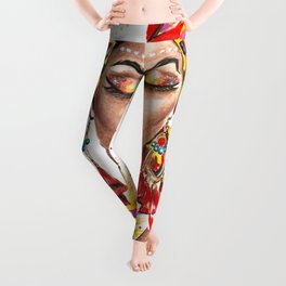 Colorful Exotic Portrait Of A Beautiful Dark Skinned Woman Wearing African Make Up, Hand Painted Leggings
