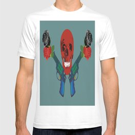 Red color human skull with two red and black color roses and two guns on dark pistachio color background T-shirt