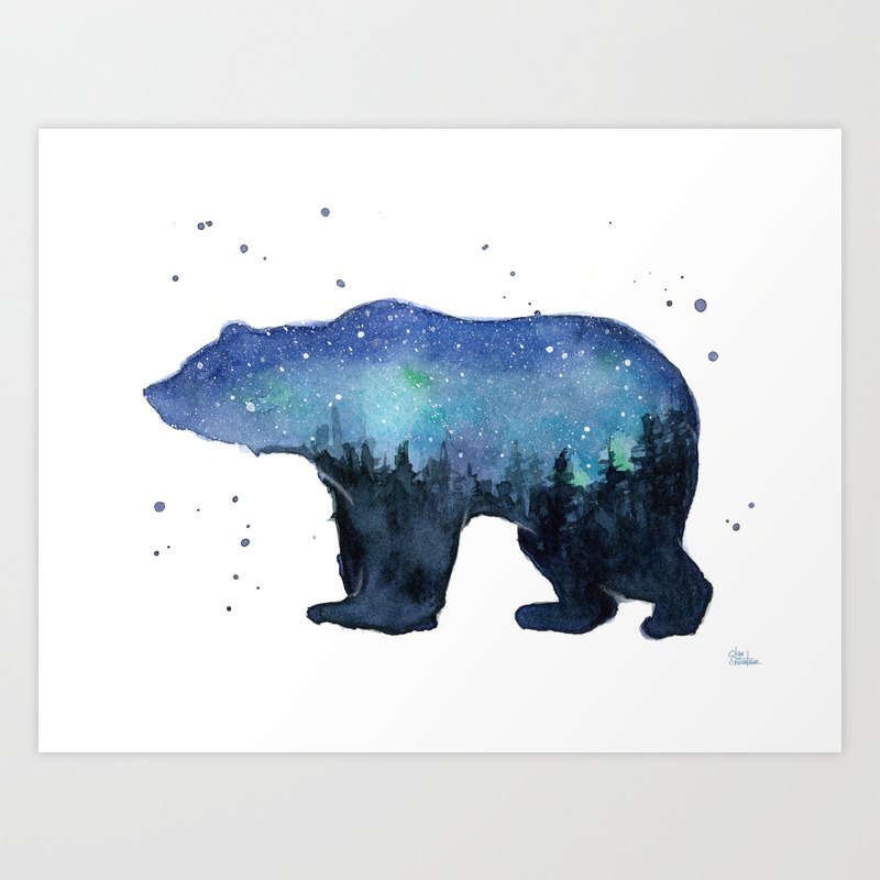 Forest Bear Silhouette Watercolor Galaxy Art Print By Olechka Society6