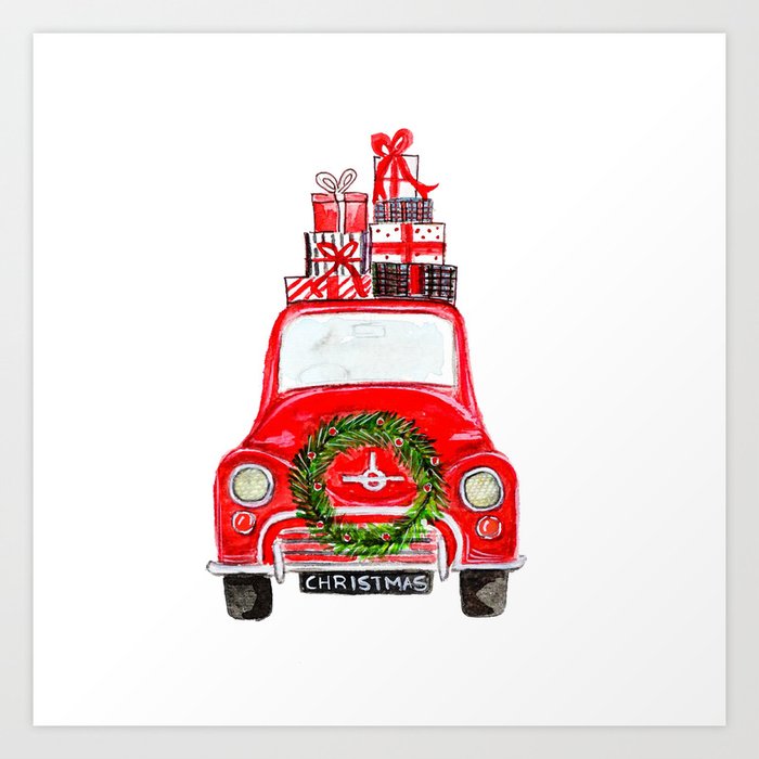 Red Christmas Car White Art Print By Craftberrybush Society6
