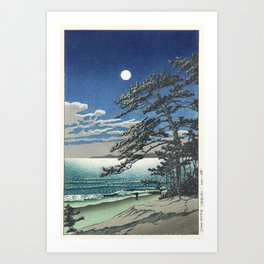 "Spring Moon at Ninomiya Beach" by Hasui Kawase, 1931 Art Print | Sky, Nature, Painting, Japan, Japaneseprints, Trees, Curated, Clouds, Ocean, Moon 
